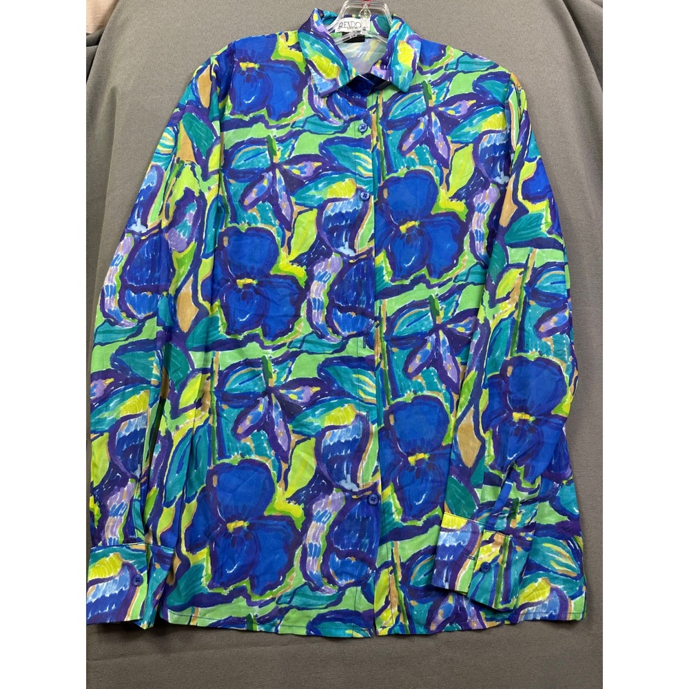 Renzo Women Floral Button Down Shirt Blue Green Long Sleeve Artistic Print XS/S